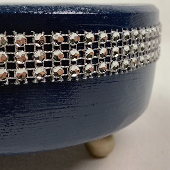 Wood Trinket Bowl Hand Painted Blue Metallic Silver Jeweled Repurposed Crafted - Picture 7 of 10